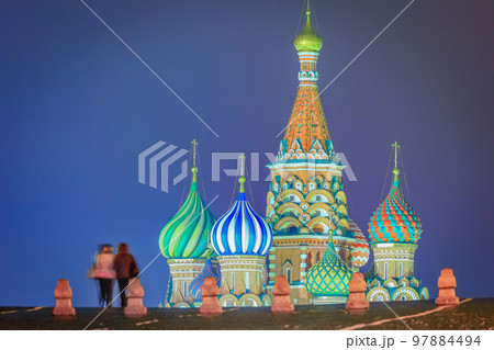 St. Basils Cathedral at dramatic dawn in Moscow, Russia 97884494