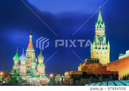St. Basils Cathedral at dramatic dawn in Moscow, Russia 97884508