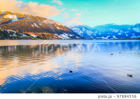 Zell am See gardens and blue lake idyllic landscape in Carinthia, Austria Zell am See gardens and blue lake idyllic landscape in Carinthia, Austria 97884556