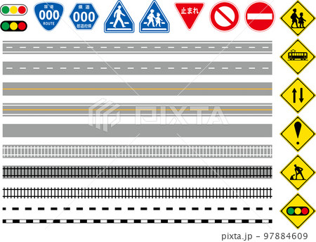 線路道路　いろいろな線路・道路　罫線　標識　交通ルール　アイコン　地図作製 97884609