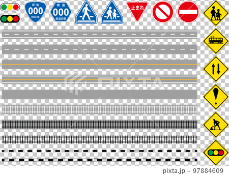 線路道路　いろいろな線路・道路　罫線　標識　交通ルール　アイコン　地図作製 97884609