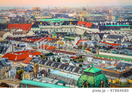 Above Vienna medieval old town cityscape, Austria 97884680