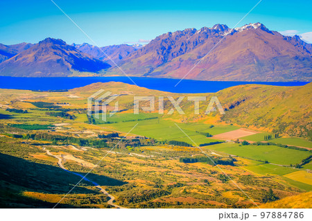 Above Queenstown and Lake Wakatipu in south Island, New Zealand at sunset 97884786