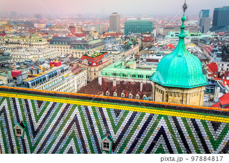 Above Vienna medieval old town cityscape, Austria 97884817