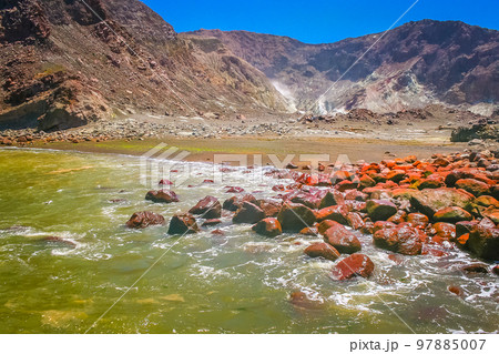 beach in Volcanic landscape, active volcano white island, north New Zealand 97885007