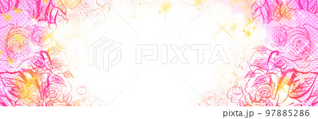 少女漫画キラキラ輝く星々とピンクの薔薇と花びらが舞うペン画カラーイラストワイドサイズ 97885286