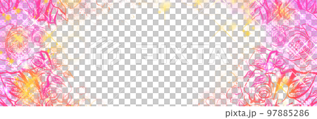 少女漫画キラキラ輝く星々とピンクの薔薇と花びらが舞うペン画カラーイラストワイドサイズ 97885286