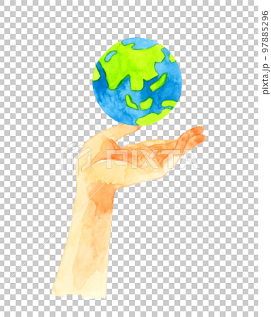 Hand-drawn watercolor illustration material with the palm facing upwards and the earth Hand-drawn watercolor illustration material with the palm facing upwards and the earth 97885296