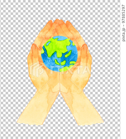 Both hands enveloping the earth Hand-painted watercolor illustration material 97885297