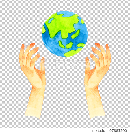 Both palms facing up and the earth hand-painted watercolor illustration material 97885300