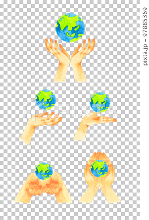 手と地球のセット　手描き水彩イラスト素材集 97885369