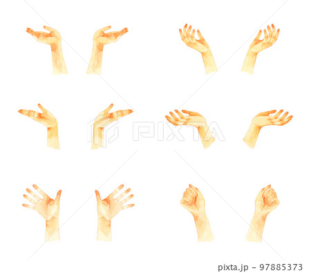 両手を上げるポーズのセット　手描き水彩イラスト素材集 97885373