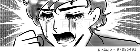 70年代少女漫画拳を握り泣き叫ぶ天然パーマのイケメン少年の白黒イラスト 97885493