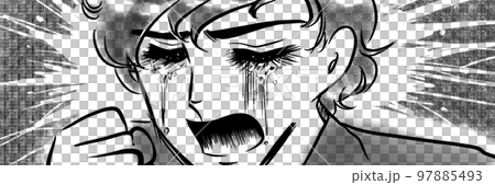 70年代少女漫画拳を握り泣き叫ぶ天然パーマのイケメン少年の白黒イラスト 97885493