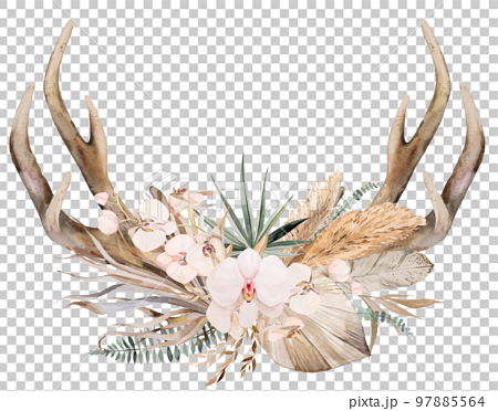 Watercolor deer antlers with with tropical leaves and flowers bouquet, Boho Wedding illustration 97885564