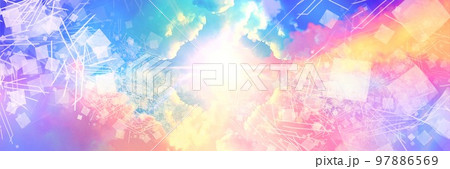 虹色の雲間から神々しく輝く幾何学模様のテクスチャーと美しい天国の入り口のワイドサイズファンタジー風景 97886569
