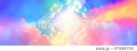 美しく輝く神秘的な光と宇宙に漂う虹色の星雲と星々のファンタジー背景風景ワイドサイズイラスト 美しく輝く神秘的な光と宇宙に漂う虹色の星雲と星々のファンタジー背景風景ワイドサイズイラスト 97886700