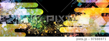 平安時代風の優雅なカラフル雲と金箔、金粉、砂子の舞う日本画風テクスチャと黒背景ワイドサイズイラスト 97886971