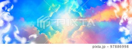 美しく輝く神秘的な光とカラフルな宇宙に漂う虹色の星雲と雲海とふわふわと舞う白い天使の羽の背景イラスト 97886998