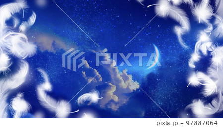 雲と宇宙と月の夜空の背景イラストとふわふわ舞う白い天使の羽のワイドサイズイラスト 雲と宇宙と月の夜空の背景イラストとふわふわ舞う白い天使の羽のワイドサイズイラスト 97887064