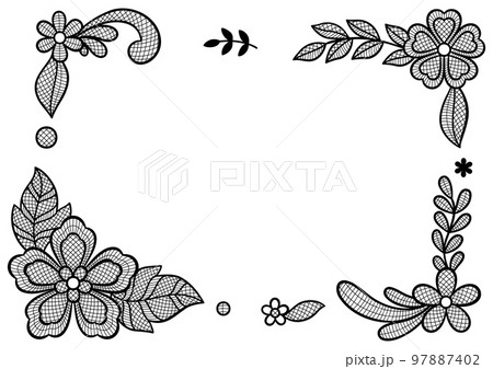 Lace decorative frame with flowers and leaves. Embroidery handmade decoration. Lace decorative frame with flowers and leaves. Embroidery handmade decoration. 97887402