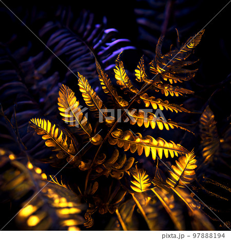 tropical gold leaf forest glow in the dark background. High contrast. 3d illustration 97888194
