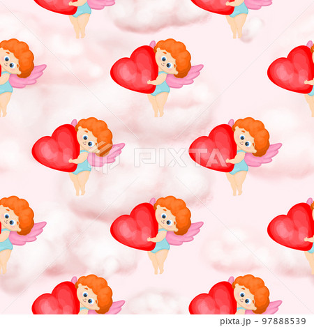 Seamless pattern with angels and hearts. Digital paper for valentine's day. Cupid helper.Funny cupid angel character with wings. Pink clouds. Textile and wrapping paper design 97888539