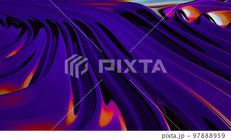 Fluid purple 3d metal background. Holographic foil texture liquid background. Neon purple vibrant colorful vivid illustration. Smooth swirl 3d render. 97888959