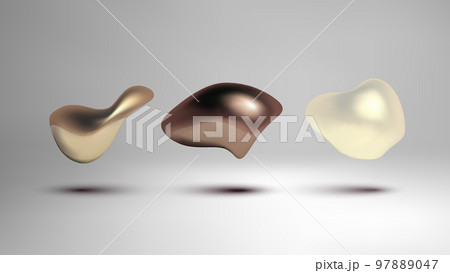 Metallic fluid shape. 3d liquid bubbles set. 97889047