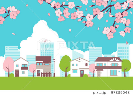 背景素材_街並み_桜 97889048