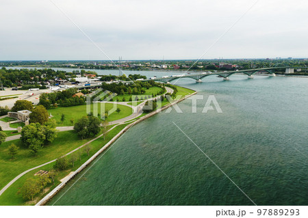 Aerial of the waterfront at Fort Erie, Ontario, Canada 97889293