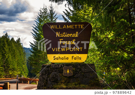 Sahalie Falls in Willamette National Forest street sign in Oregon Sahalie Falls in Willamette National Forest street sign in Oregon 97889642