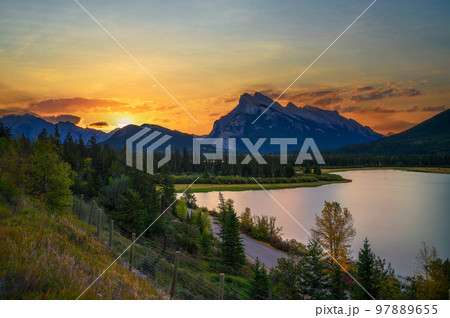 Sunset over Vermilion Lake in Banff National Park, Alberta, Canada 97889655