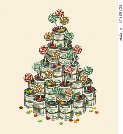 Money tower, pyramid like cake made of candy, money rolls of 100 US dollar bills. Money gift. Concept of success and wealth. Good for birthday greetings, other holidays. Money tower, pyramid like cake made of candy, money rolls of 100 US dollar bills. Money gift. Concept of success and wealth. Good for birthday greetings, other holidays. 97889702