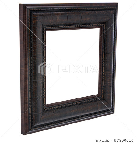 Perspective view of Antique Classic Old Vintage Wooden Rectangle canvas frame isolated on white. Blank and diverse subject moulding baguette. Design element for paint, mirror or photo 97890010