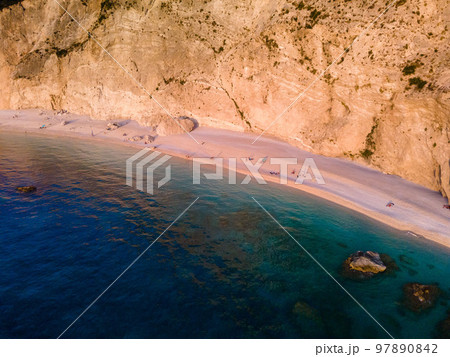 overhead view of porto katsiki beach at sunset 97890842