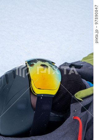 ski lift cabin reflection in snowboarder goggles mask ski lift cabin reflection in snowboarder goggles mask 97890847