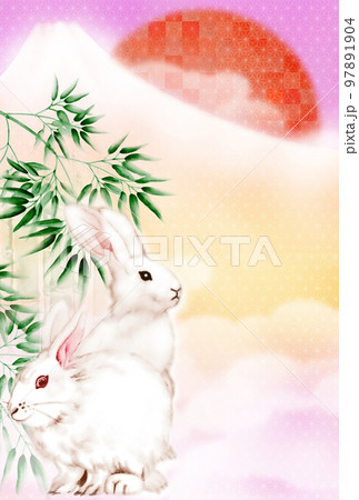 初日出と金富士と竹林が背景の二匹の兎 年賀状イラスト 縦 ハガキサイズ 高解像度データ有り 初日出と金富士と竹林が背景の二匹の兎 年賀状イラスト 縦 ハガキサイズ 高解像度データ有り 97891904