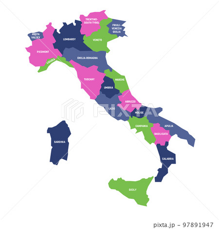 Colorful map of Italy divided into 20 administrative regions. White labels. Simple flat vector illustration. 97891947