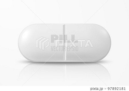 Vector 3d Realistic White Oval Horizontal Pharmaceutical Medical Pill, Capsule, Tablet Icon Closeup Isolated on White Background. Front View. Medical Concept 97892181