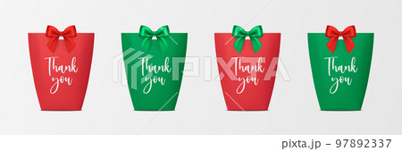 Vector 3d Realistic Red and Green Christmas, New Year Paper Gift Bag, Box for Party with Silk Bow, Ribbon. Carry Bag for Present Icon Set Isolated. Front View 97892337
