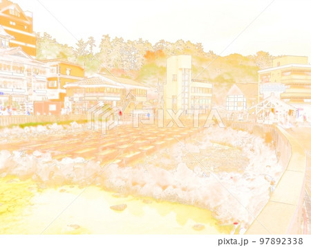 草津温泉の名所(湯畑)と温泉街の街並み。イラスト風の写真。 草津温泉の名所(湯畑)と温泉街の街並み。イラスト風の写真。 97892338