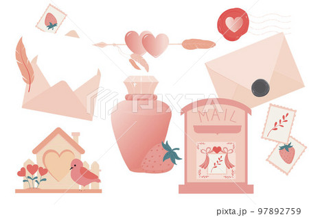 Set Love letter. White card with red paper envelope mockup vector. Valentine's card vector. Cupid's arrows, love potion, sweet strawberries, birds in love. Set Love letter. White card with red paper envelope mockup vector. Valentine's card vector. Cupid's arrows, love potion, sweet strawberries, birds in love. 97892759
