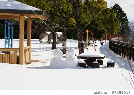 一面雪の積もった無人の公園に可愛い猫の足跡 97893012