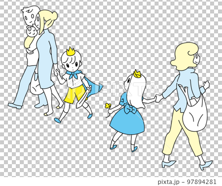 Two families passing each other on the street, a boy and a girl staring at each other Two families passing each other on the street, a boy and a girl staring at each other 97894281