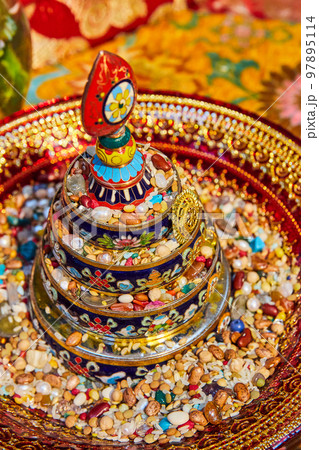 Detail of Tibetan Mongolian Buddhist shrine with ornate rocks Detail of Tibetan Mongolian Buddhist shrine with ornate rocks 97895114