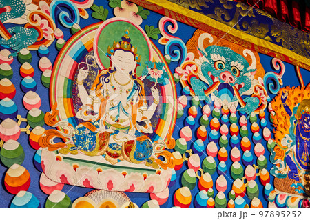 Colorful wall in Tibetan Mongolian Buddhist shrine 97895252