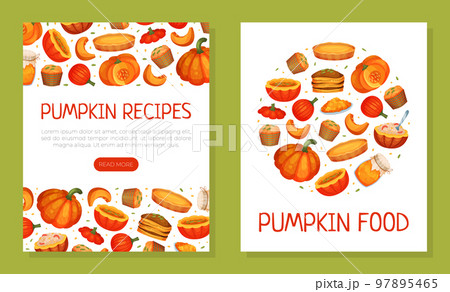 Pumpkin recipes card templates set. Pumpkin food delicious dishes made from pumpkin mobile app, banner, poster, flyer design cartoon vector 97895465