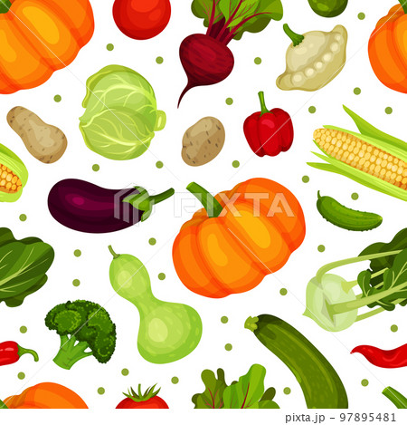 Fresh vegetables seamless pattern. Natural food repeating print for wallpaper, wrapping paper, textile, package design cartoon vector 97895481