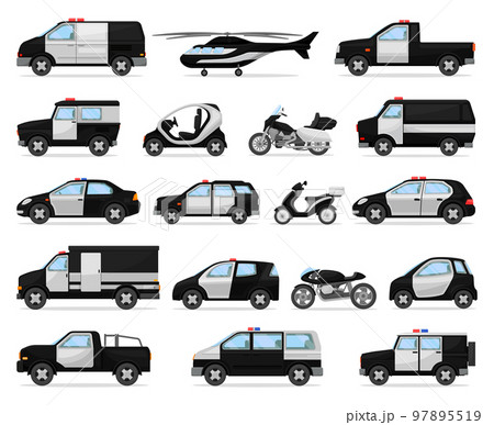 Police car vehicles with roof top flashing lights. Side view of helicopter, motorbike, truck cartoon vector 97895519